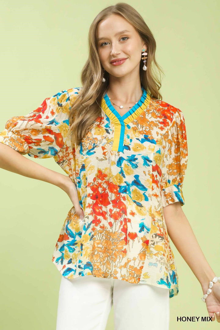 Umgee Floral Contrast Pleat Neck Top