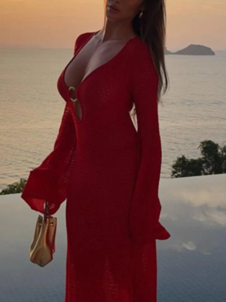 Slit Plunge Flare Sleeve Cover-Up Dress