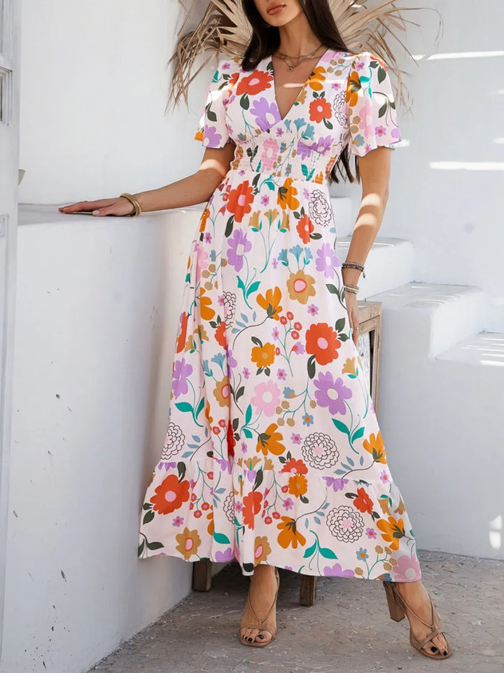 Devine Smocked Printed V-Neck Short Sleeve Maxi Dress