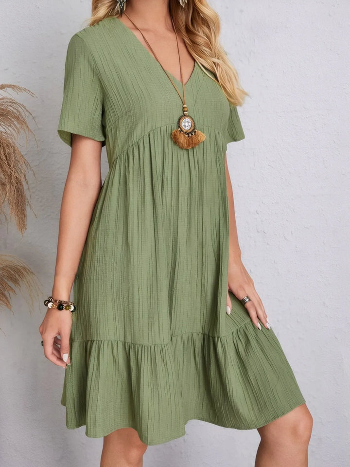 V-Neck Tiered Dress with Flutter Sleeves