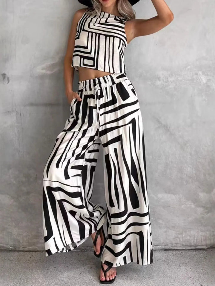 Geometric Print Sleeveless Top and Wide Leg Pants Set