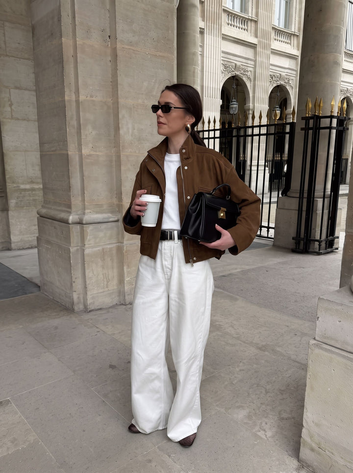 Cropped Suede Utility Bomber Jacket