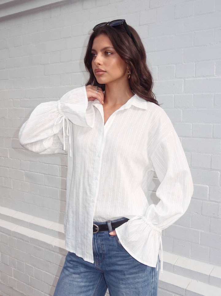 Sheer Striped Ruffle Sleeve Button Shirt