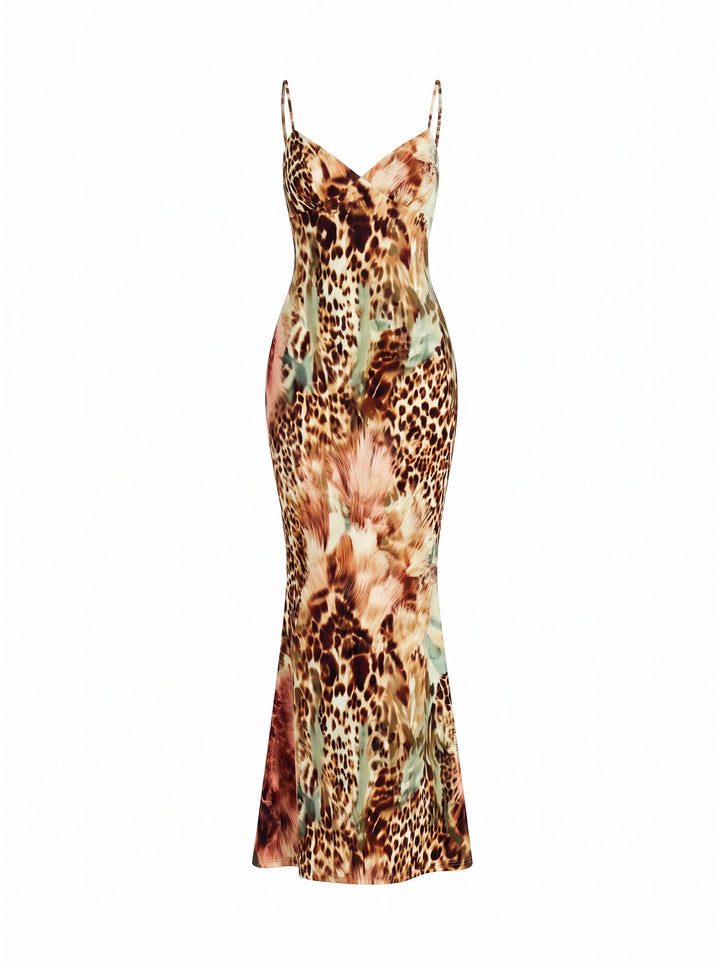 KIRA Leopard Print Spaghetti Strap Bodycon Maxi Dress