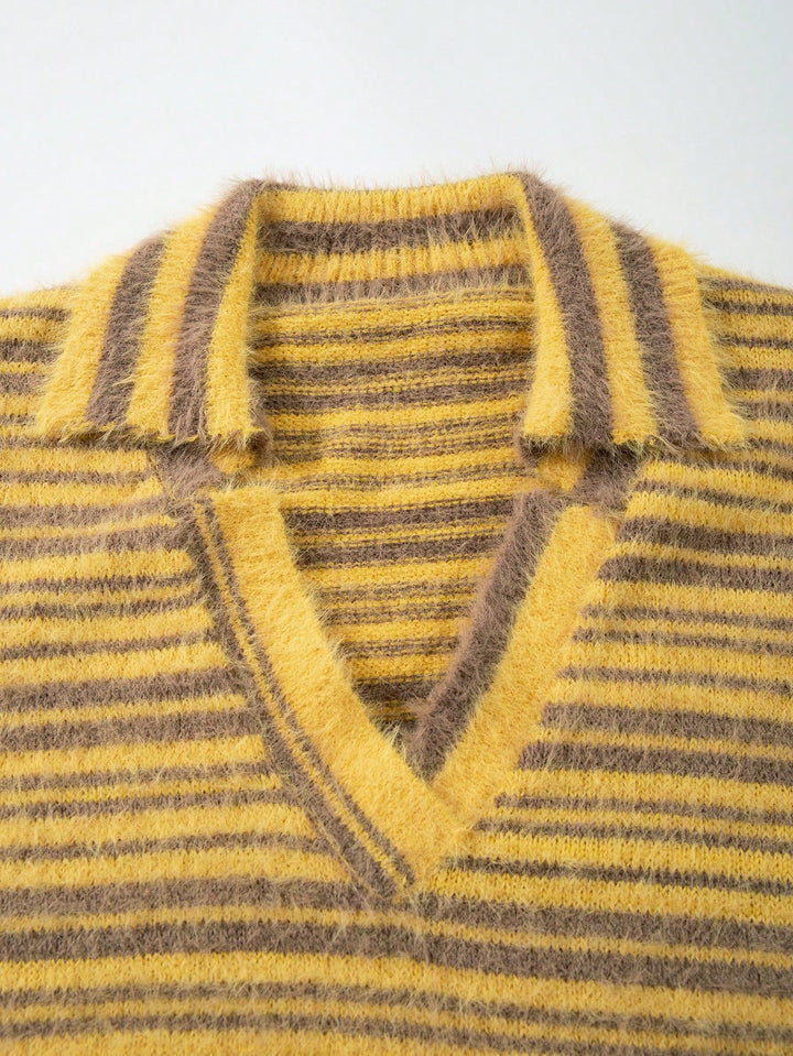 Fuzzy Striped Collared Pullover Sweater