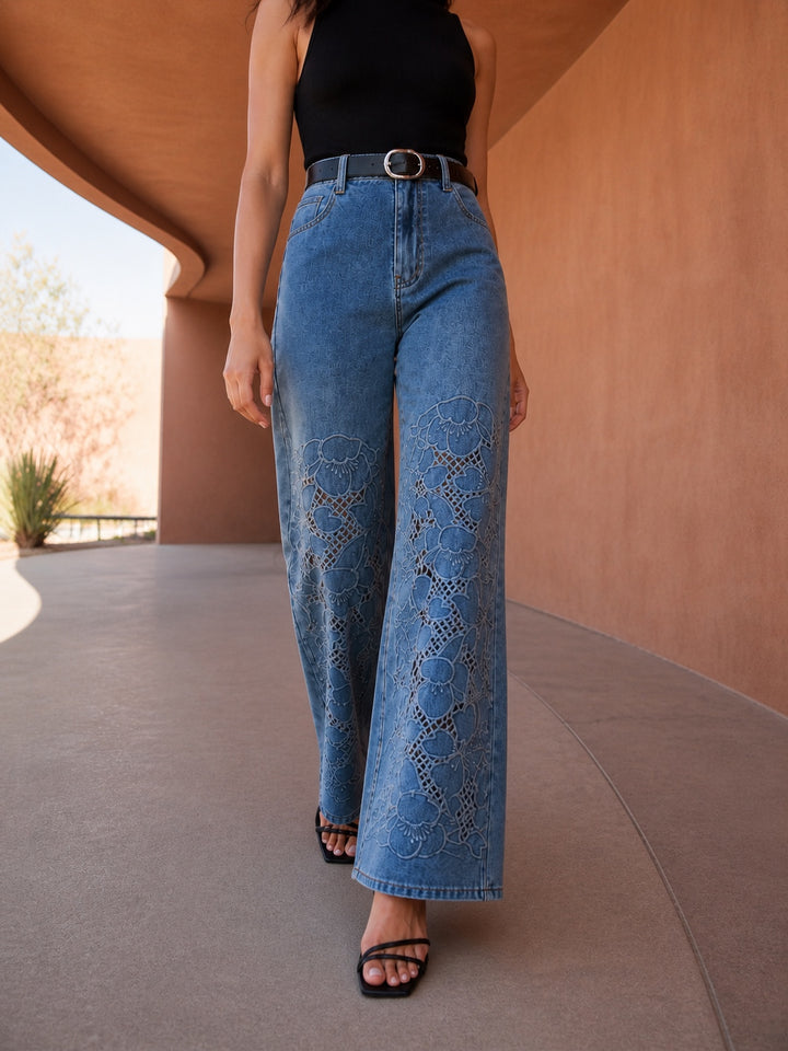 Embroidered Cutout High Waisted Wide Jeans