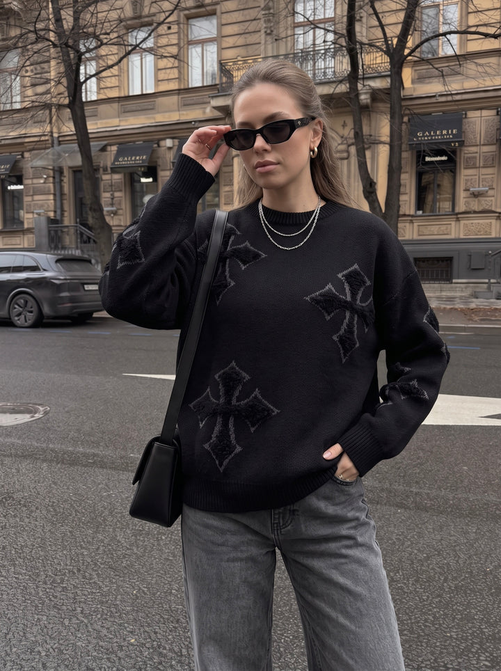 Oversized Gothic Cross Graphic Knit Sweater
