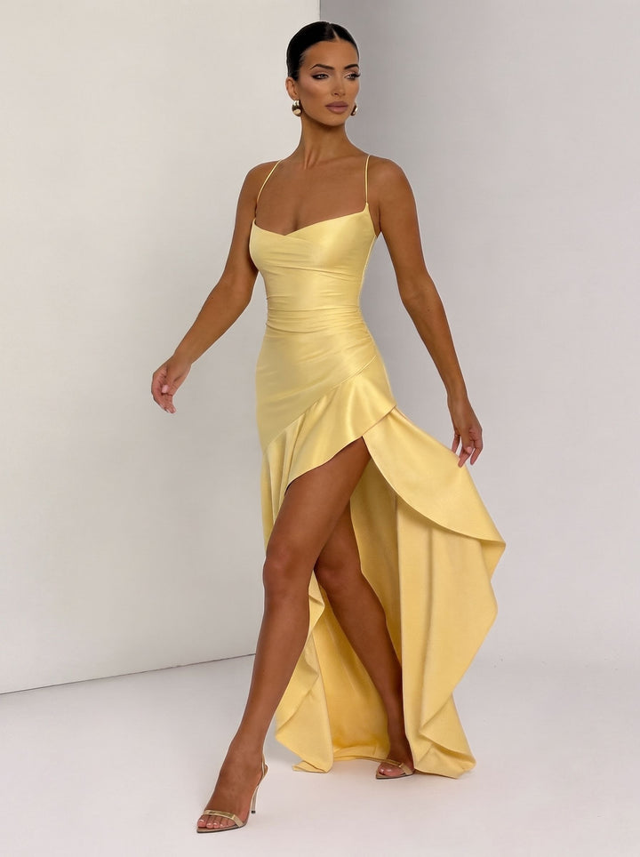 Satin Ruched High Slit Maxi Dress