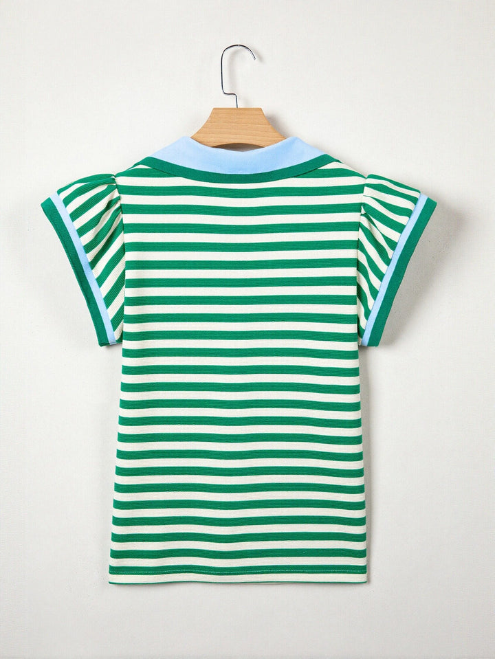 Striped Ruffle Sleeve Polo T-Shirt