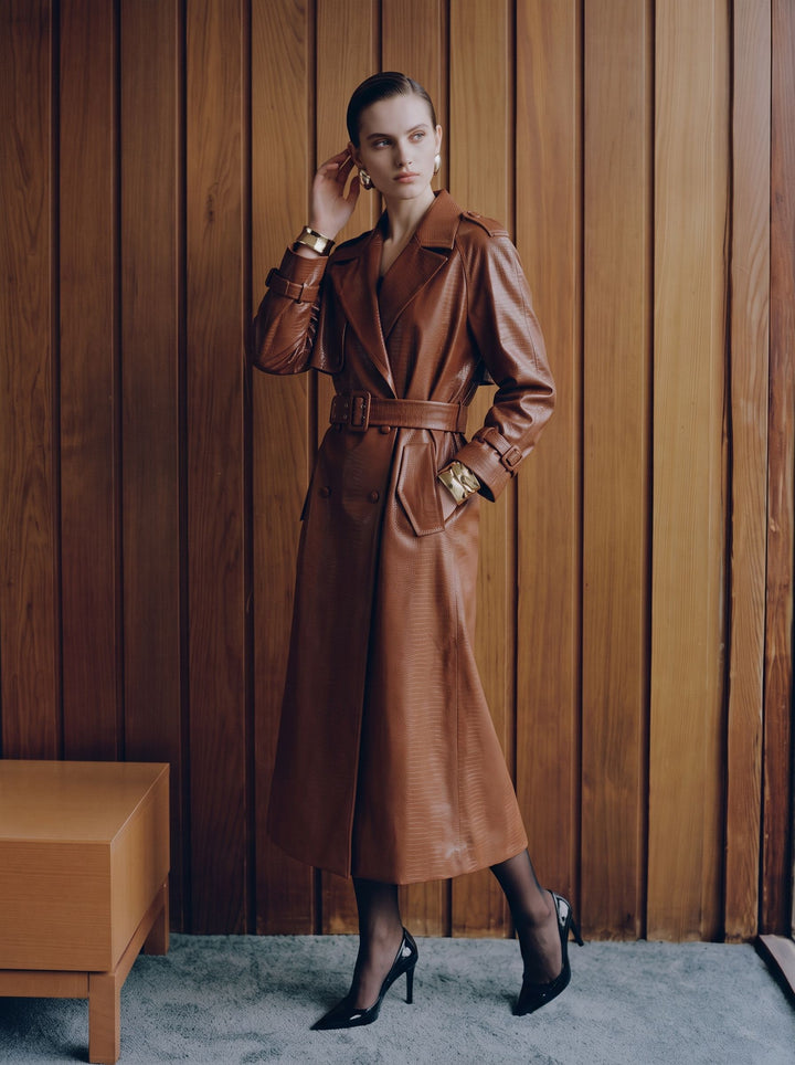 Crocodile Embossed Faux Leather Trench Coat