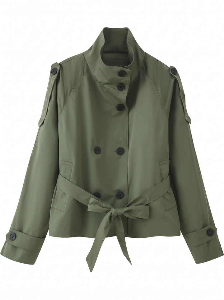Cropped Belted Stand Collar Trench Coat