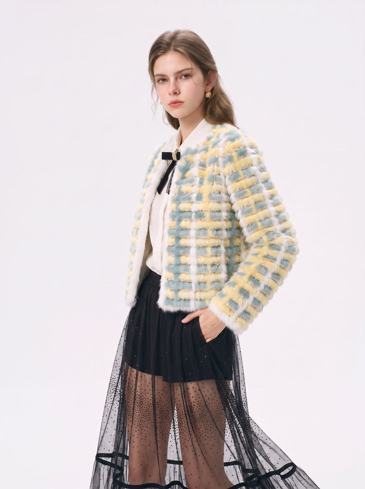 Pastel Plaid Faux Fur Jacket