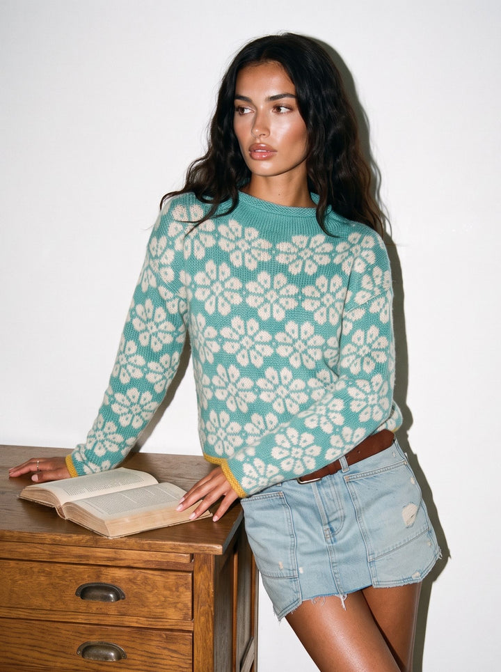 Cozy Floral Pattern Knit Pullover Sweater