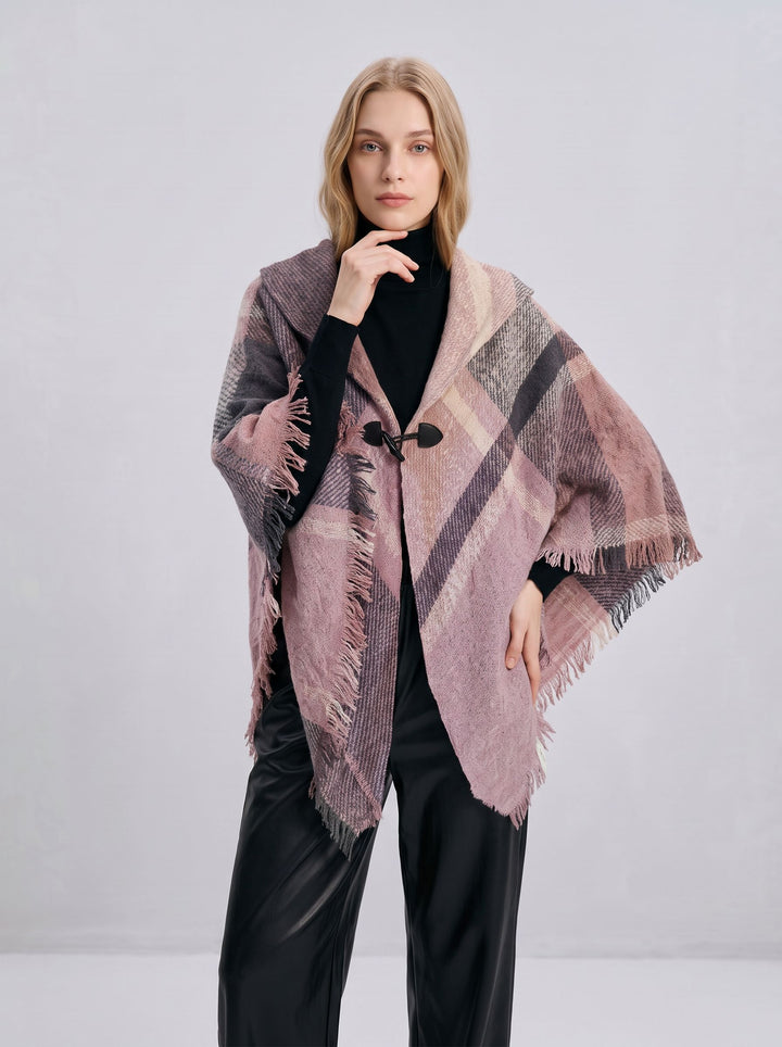 Cozy Plaid Toggle Winter Poncho Scarf