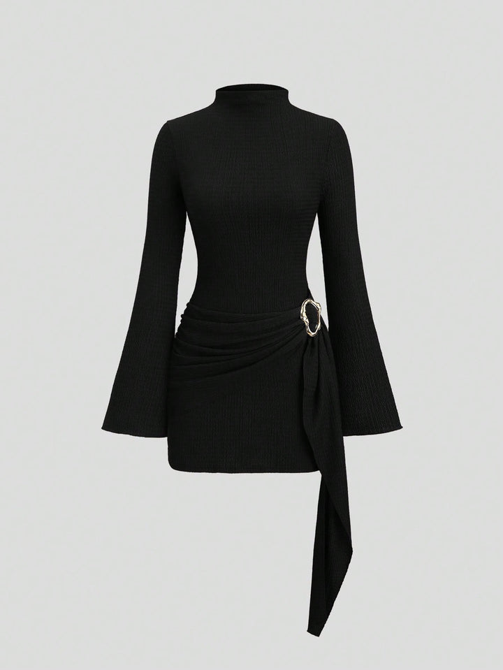 Textured Ruched Buckle Detail Mini Dress