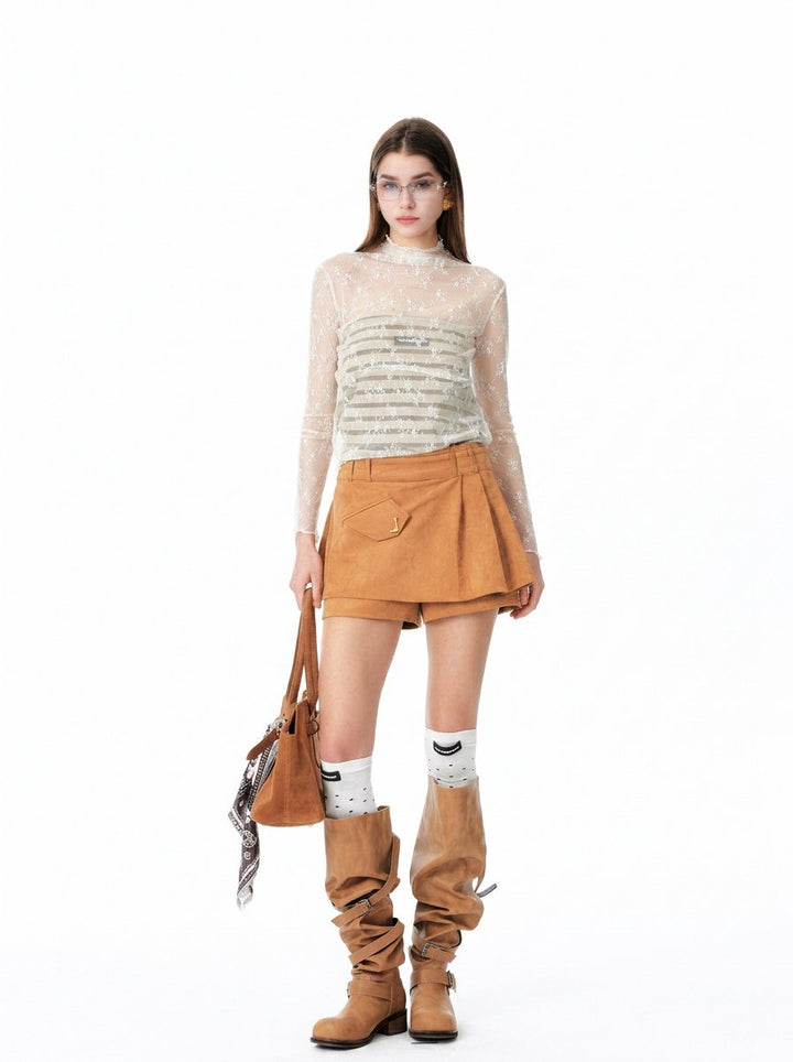 Suede Pleated Wrap Skort Shorts