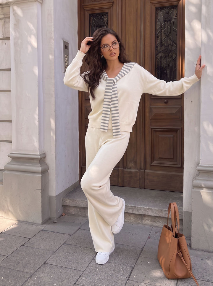 Casual Striped Sailor Collar Knit Pants Sets
