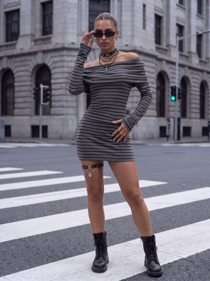 Off Shoulder Striped Ribbed Mini Dress