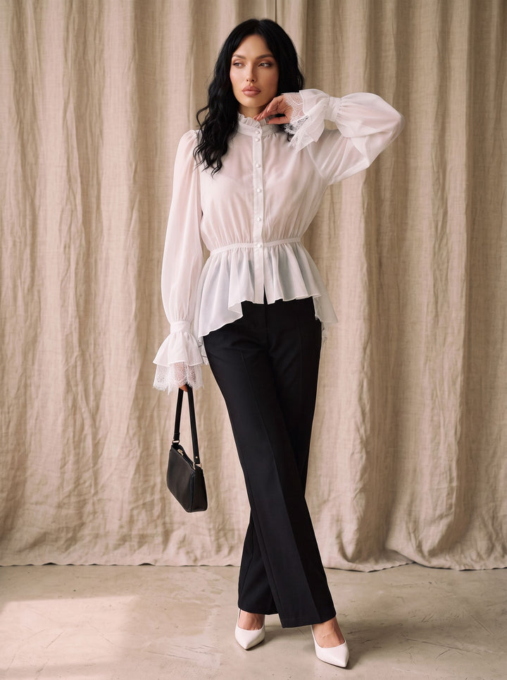 Elegant Lace Trim Peplum Button Shirt