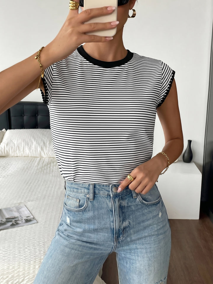 Lace Trim Striped Fitted T-Shirt