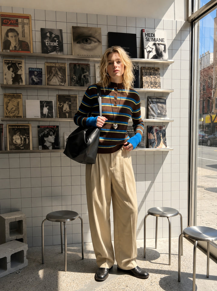 Striped Button Mock Neck Sweater