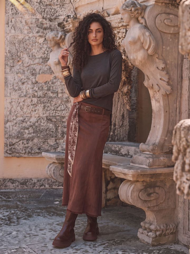 Faux Suede Distressed Midi Skirt