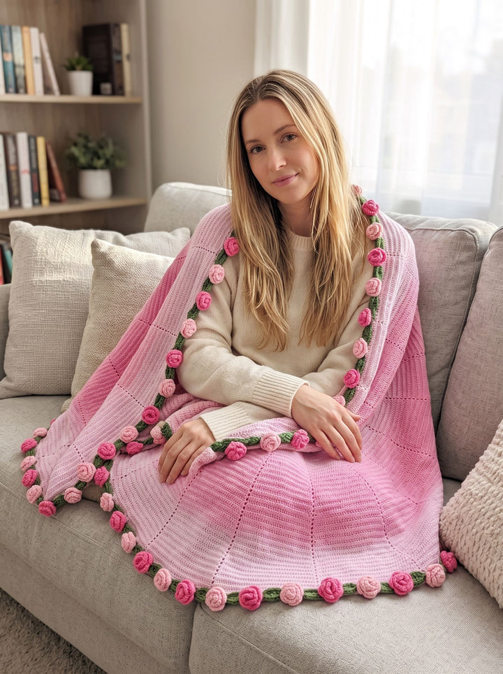 Cozy Floral Hand Knitted Blanket