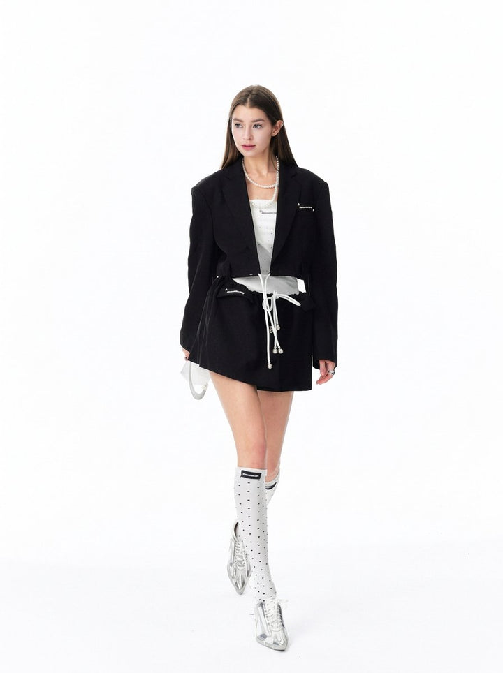 Cropped Drawstring Detail Blazer Jacket