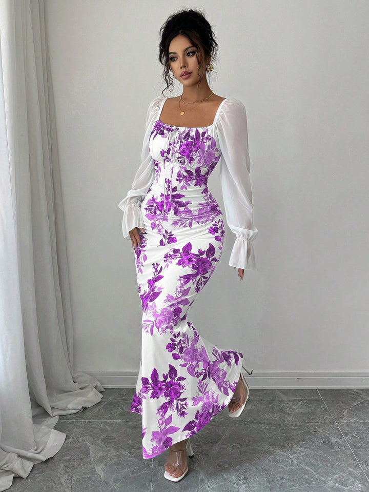 Floral Print Sheer Sleeve Maxi Dress