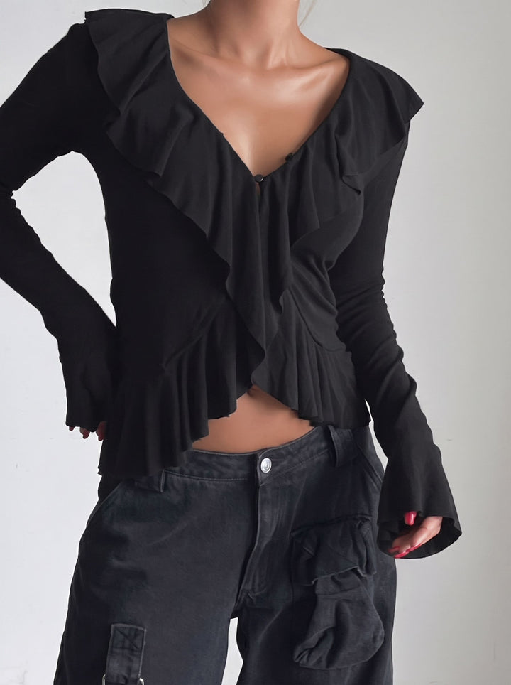 Ruffled V Neck Long Sleeve Pullover
