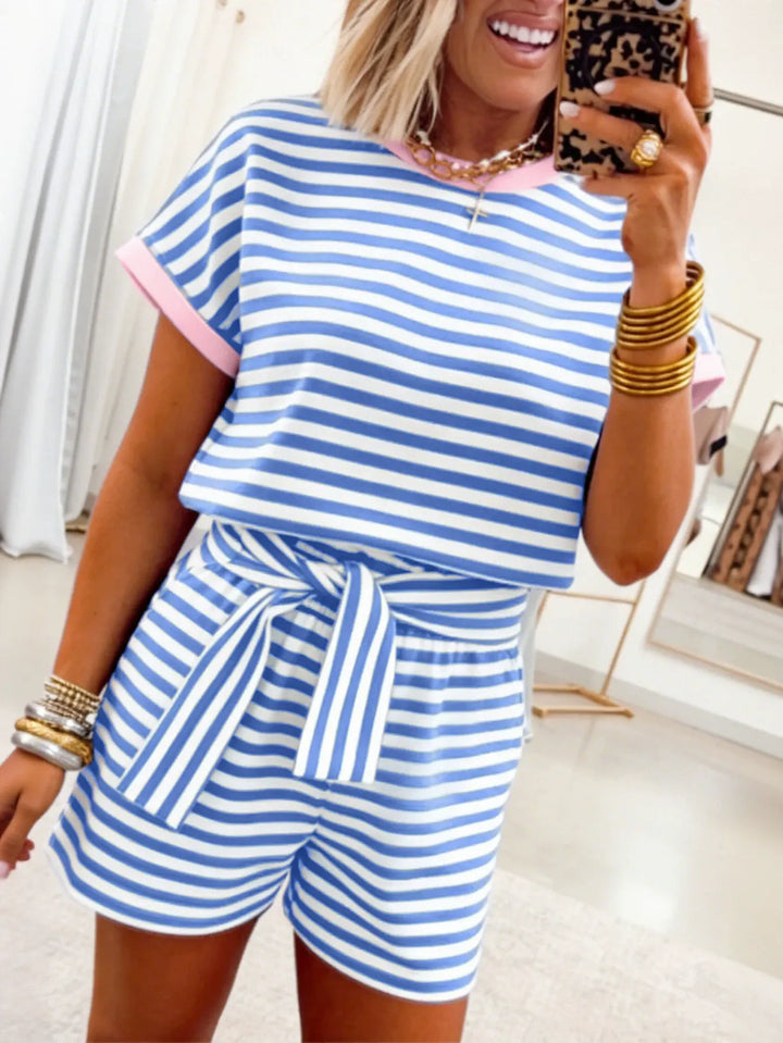 Casual Striped Tie Waist Short Set