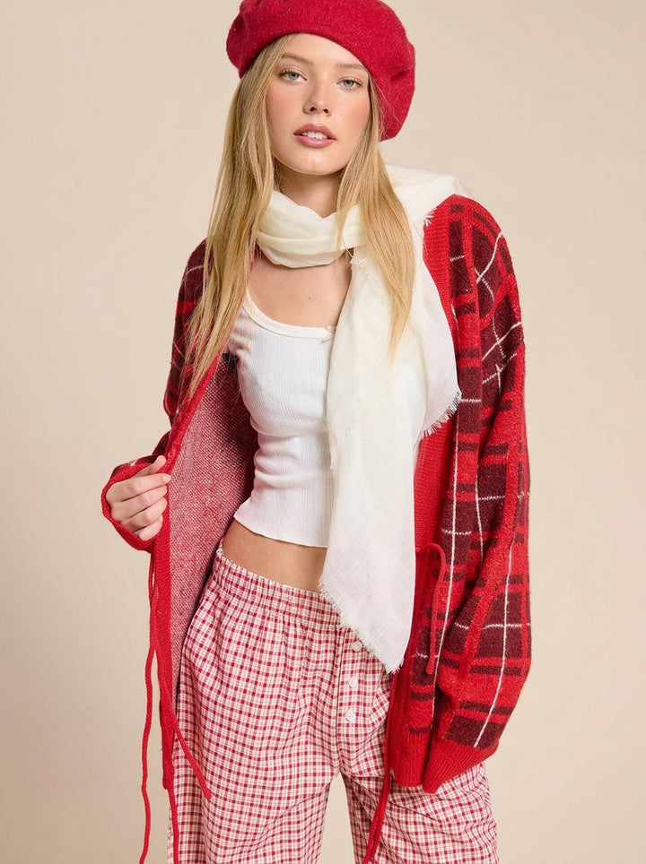 Cozy Plaid Knit Tie Cardigan