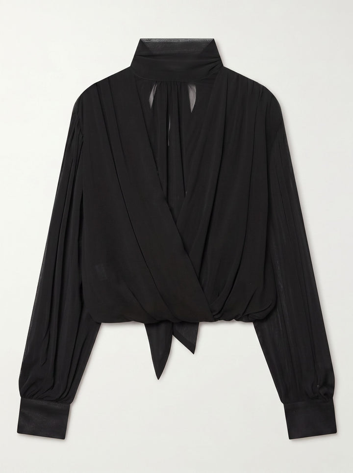 Elegant Draped Mock Neck Chiffon Blouse