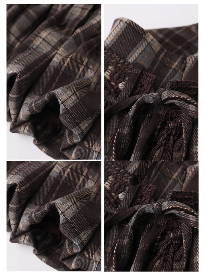 Plaid Lace Trim Bubble Mini Skirt