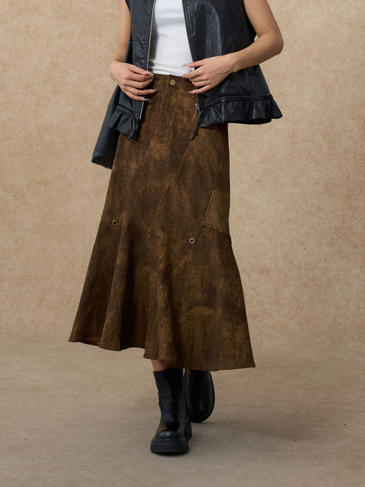 Vintage Distressed Faux Suede Midi Skirt