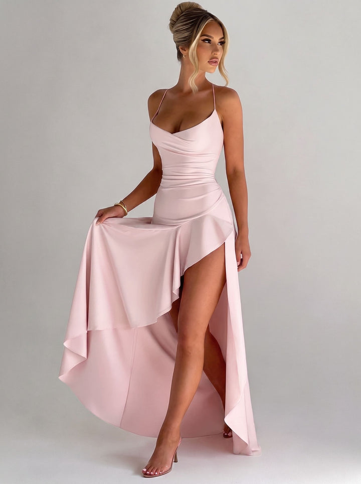 Satin Ruched High Slit Maxi Dress
