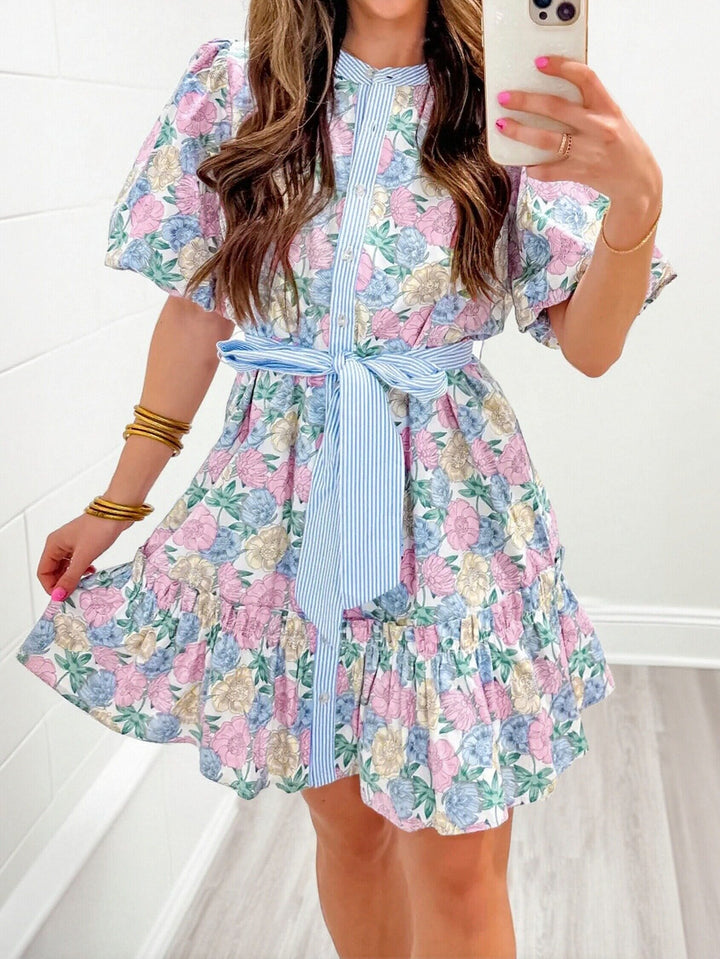 Floral Print Tie Waist Mini Dress