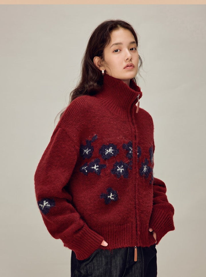 Soft Wool Blend Floral Zip Cardigan