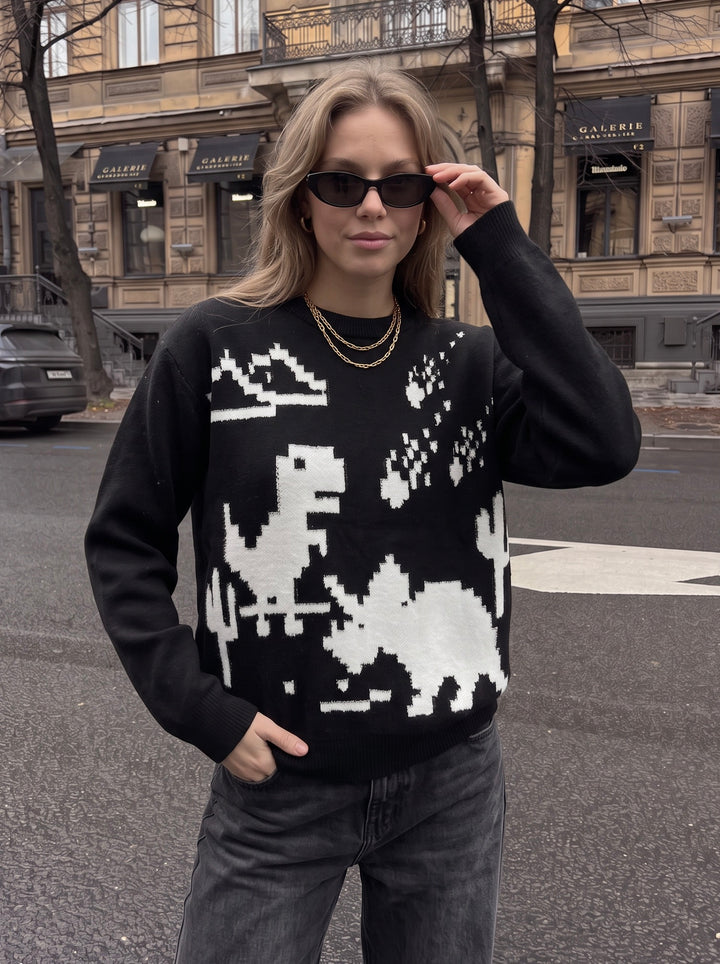 Retro 8-Bit Dino Print Oversized Black Knit Sweater