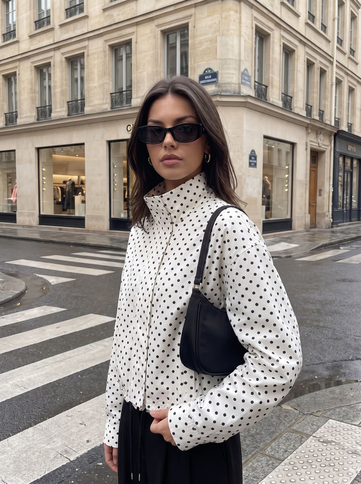 Polka Dot Cropped Stand Collar Jacket