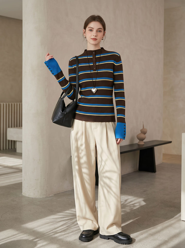 Striped Button Mock Neck Sweater