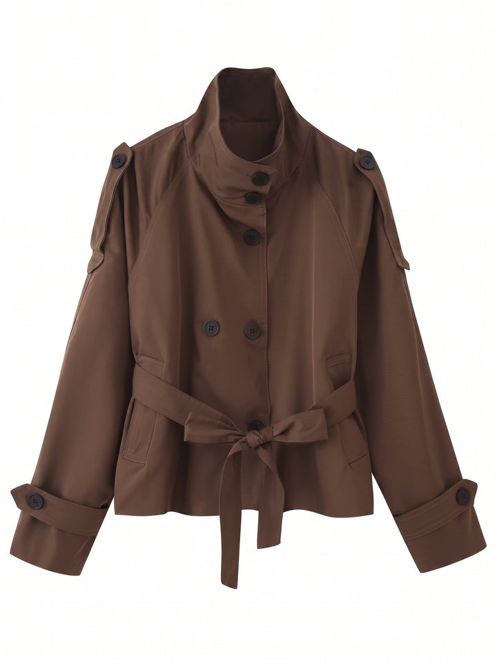 Cropped Belted Stand Collar Trench Coat