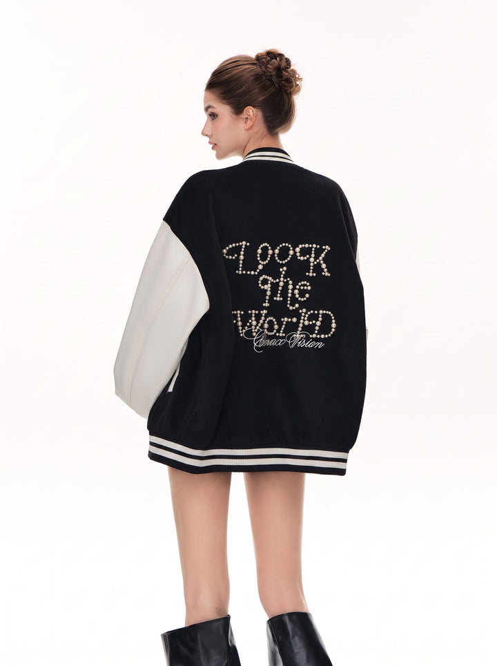 Oversized Colorblock Embroidered Varsity Jacket
