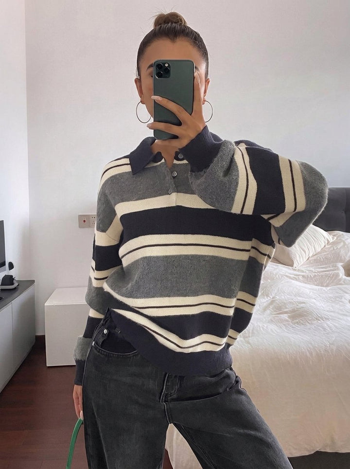 Oversized Striped Polo Collar Sweater
