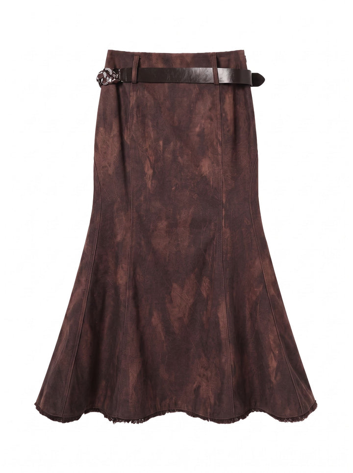 Faux Suede Distressed Midi Skirt