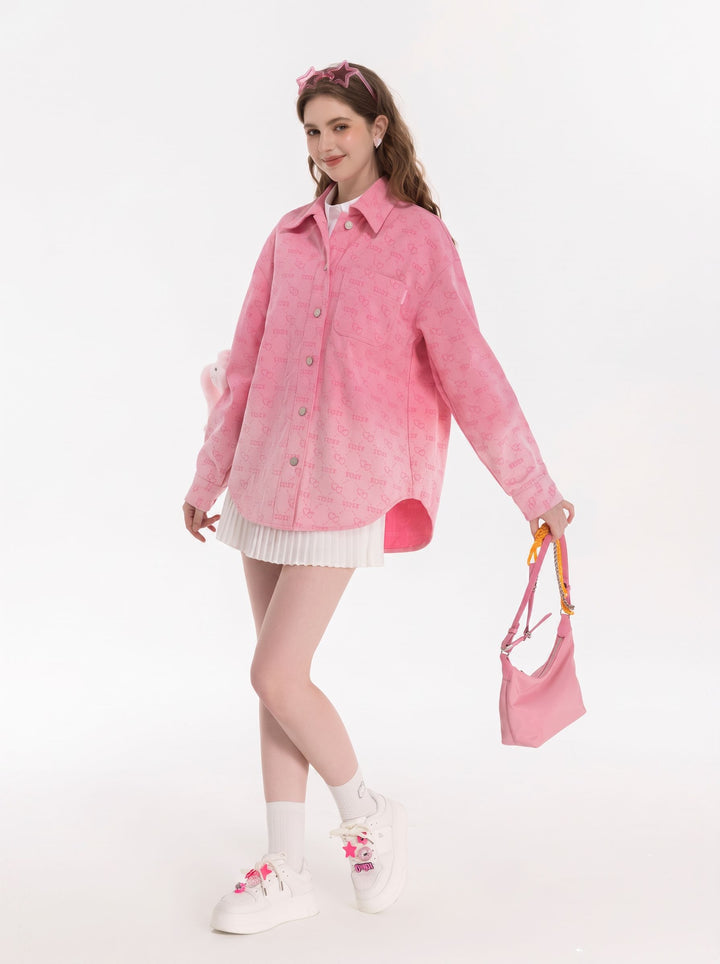 Cute Pink Heart Print Button Shirt