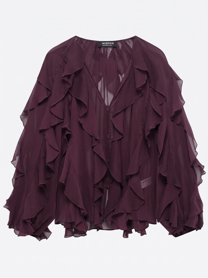 Sheer Ruffle Trim Button Down Blouse