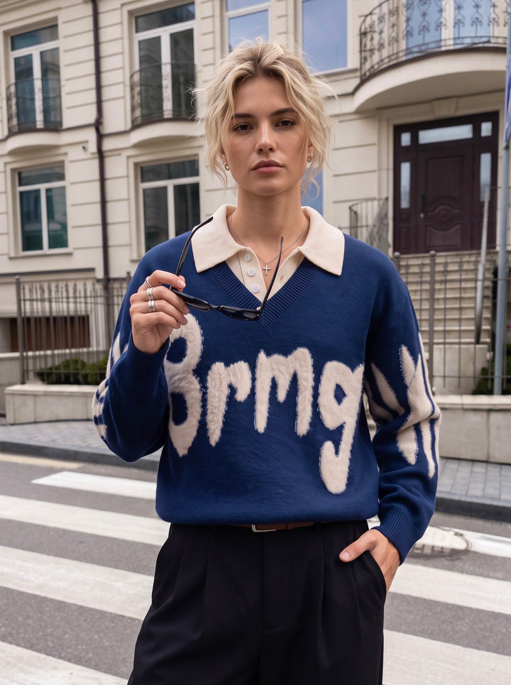 Oversized Graphic Collared Knit Pullover