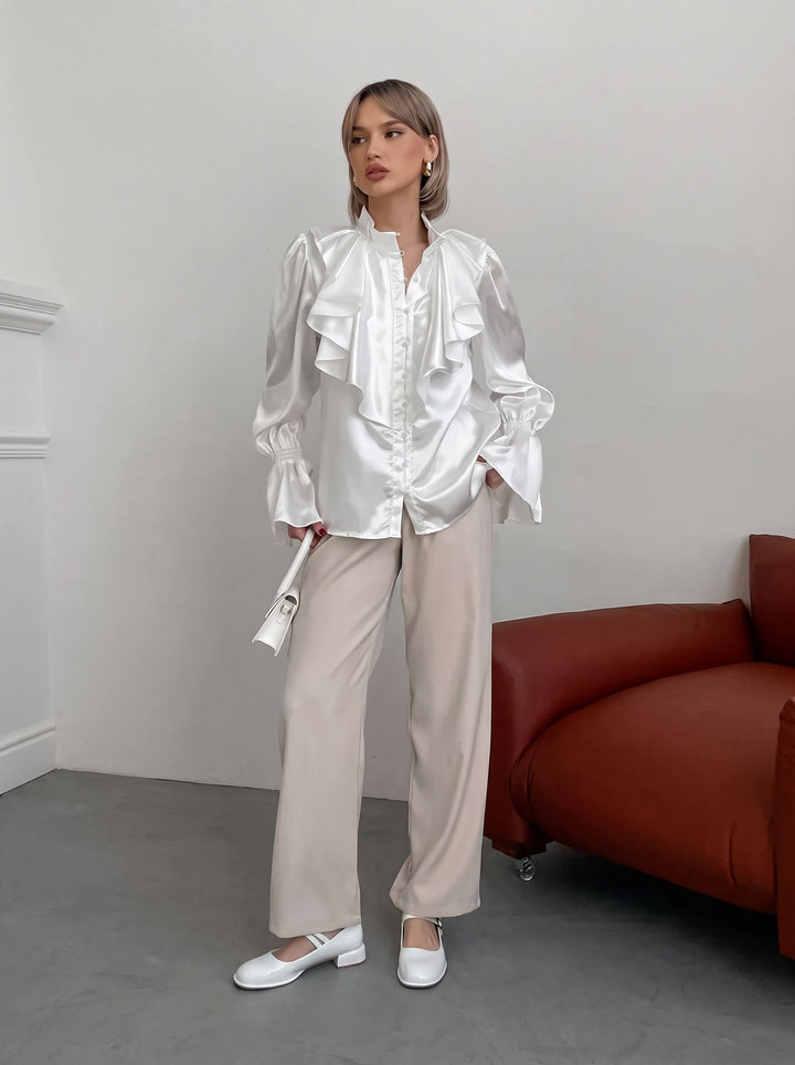 Ruffled Satin Button Down Blouse