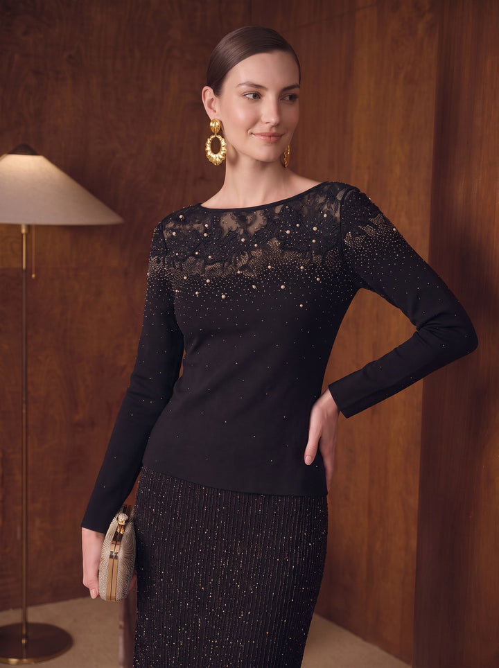 Embellished Lace Trim Knit Pullover